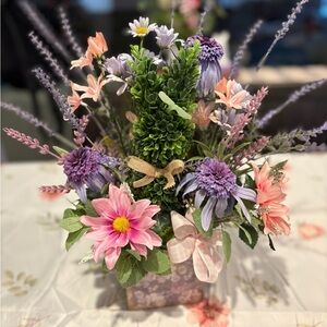 Handmade*Artificial Spring Floral Arrangement with Pink & Purple Flowers w/bunny